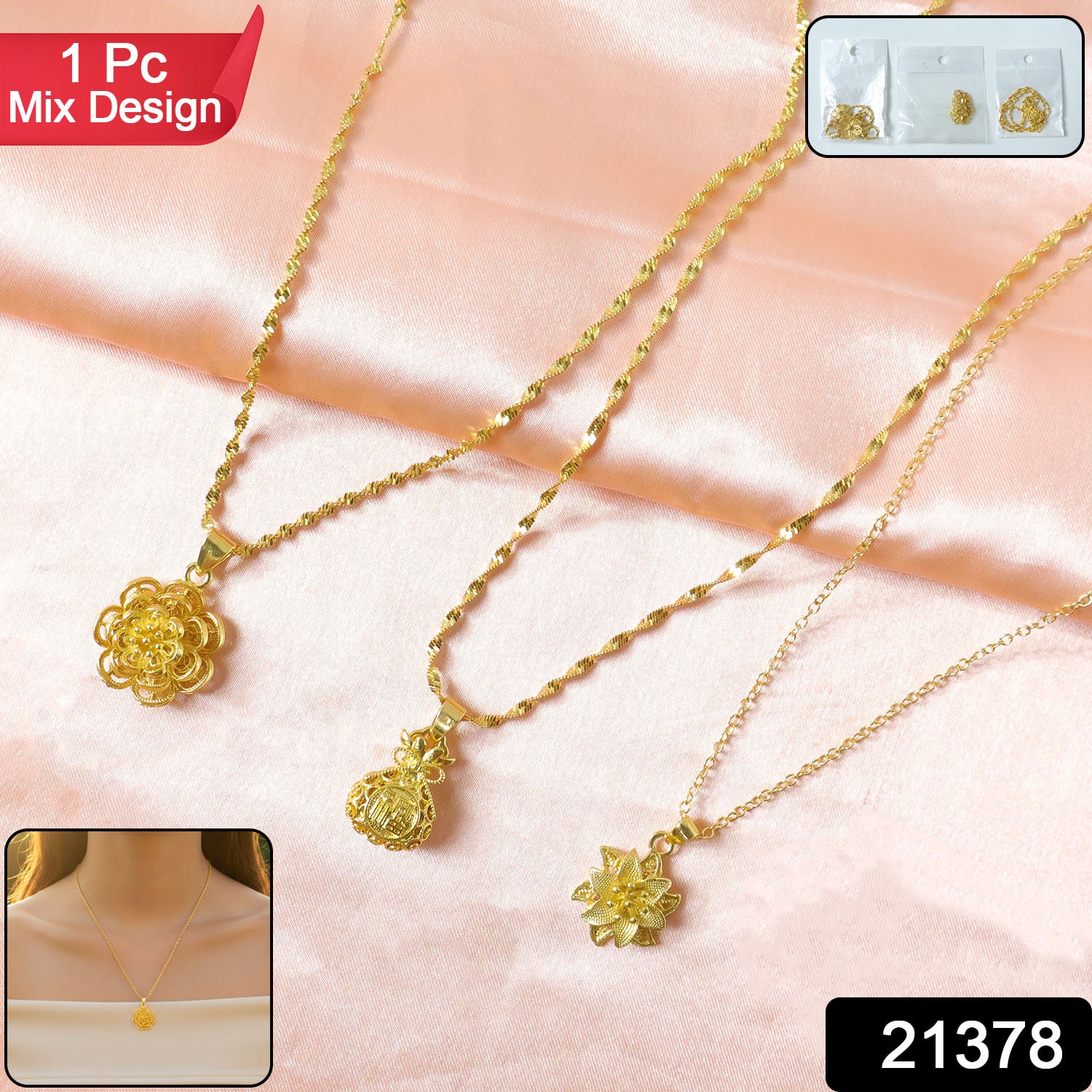 Elegant Gold Finish Floral  Traditional Pendant Necklace (1 Pc Mix Design)