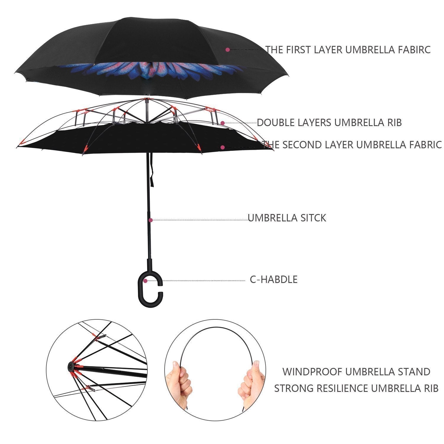 6211 Plain Design Windproof Upside Down Reverse Umbrella With C-shaped Handle