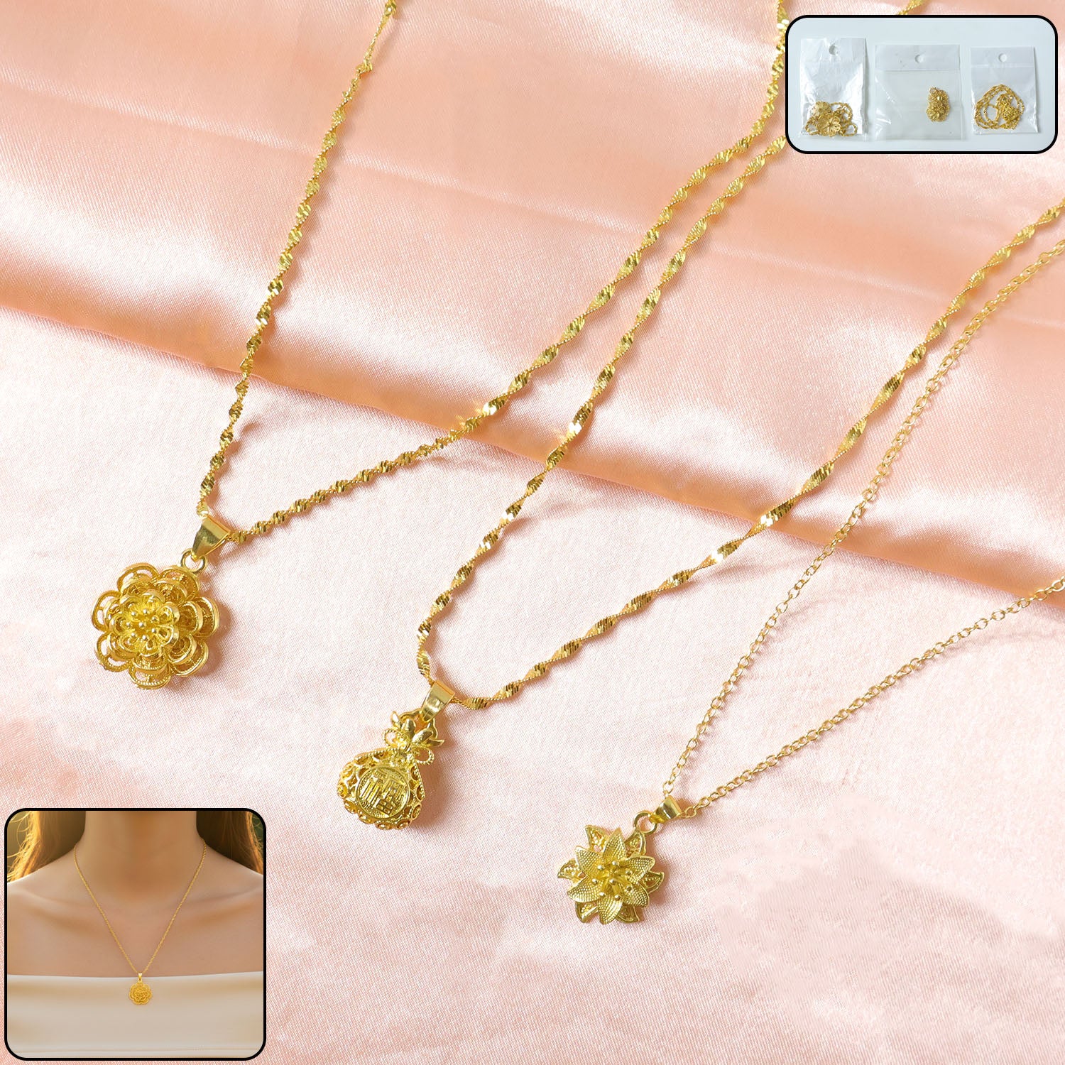 Elegant Gold Finish Floral  Traditional Pendant Necklace (1 Pc Mix Design)